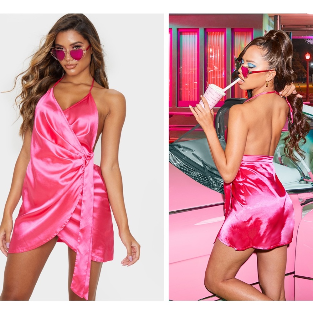 Hot Pink Satin Halterneck Wrap Bodycon Dress. Size 10